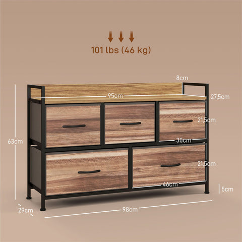 Rootz Chest of Drawers Storage - Fabric Organizer - 5 Drawer Storage - Space-saving Elegance - 98cm x 29cm x 63cm