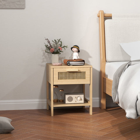 Rootz Bedside Night Cabinet - Side Table with Drawer - MDF - Rattan Design - 40 x 40 x 48.4 cm