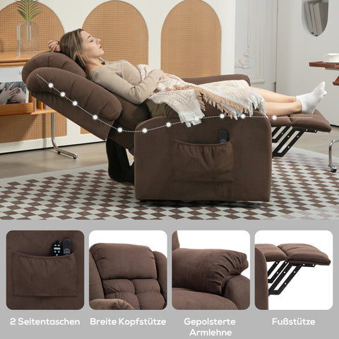 Rootz Stand-Up Recliner Chair - Massage Chair - Heated Chair - Cozy Comfort - 92W x 102D x 104H cm - Brown Velvet Finish