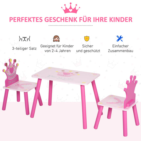 Rootz 3-Piece Children's Table & Chairs Set - Kids Furniture - Toddler Seating - Pink Pine & MDF - Injury-safe Design - 55x34x42cm Table - Crown Theme