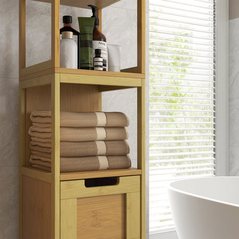 Rootz Bathroom Column Storage - Cozy Style - Organizer - 3 Shelves & 2 Drawers - Bamboo Elegance - 30b x 30t x 144h cm
