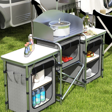 Rootz Camping Kitchen - Outdoor Cooking Station - Portable Camp Kitchen - Ample Storage - Adjustable Lamp Stand - 172L x 48W x 119H cm