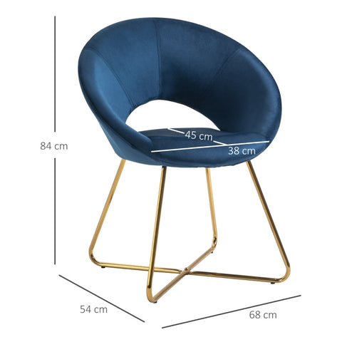 Rootz Modern Velvet Blue Lounge Chair - Accent Chair - Armchair - Luxurious Comfort - Durable Metal Frame - 68cm x 54cm x 84cm