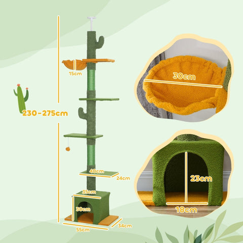 Rootz Ceiling Cat Scratching Post - Climbing Tree - Cat Furniture - Play Center with Hammock - 55L x 34W x 230-275H cm
