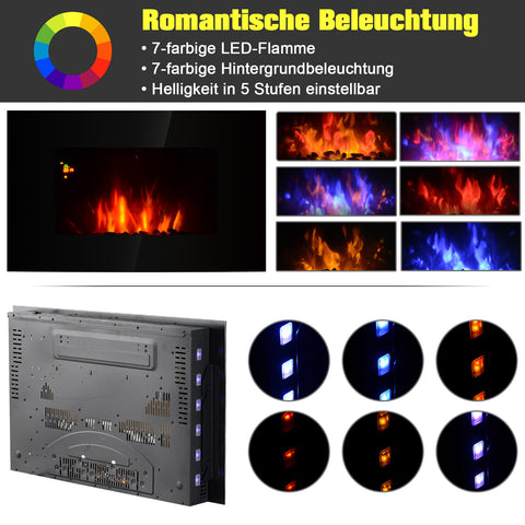 Rootz Electric Fireplace - Wall Fireplace - LED Remote Fireplace - 7 Color Flames - 90cm x 9.5cm x 56cm