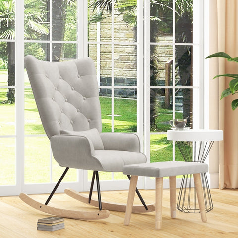 Rootz Lounge Chair with Stool - Rocking Chair - Upholstered Chair and Footstool - Velvet Padding - Rubber Wood Legs - Cream White - 66cm x 96cm x 101cm