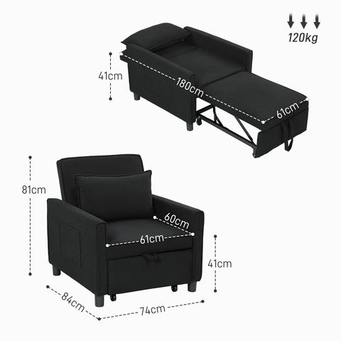 Rootz Adjustable Sleeper Chair - Convertible Lounge Chair - Recliner Bed - Comfort 3 Position - 74W x 84D x 81H cm - Black - 120kg Capacity