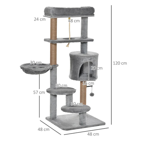 Rootz Scratching Post - Cat Tree - 1 Cat Cave - Cat Bed - 1 Hammock - Including Toys - Chipboard - Light Gray - 48cm x 48cm x 120cm