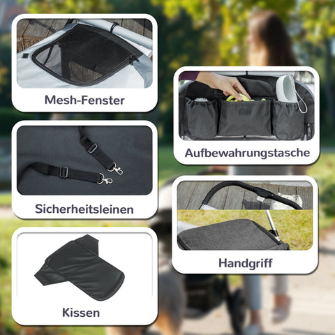 Rootz Dog Car Foldable Buggy - Pet Stroller - Dog Carrier - Shock-Absorbing - 124cm x 67cm x 100cm - For Large Dogs up to 30kg, Grey, Black