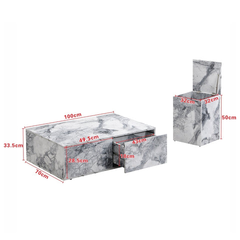 Rootz Marble Pattern Coffee Table Set - Coffee Table - Accent Tables - Versatile Design with Storage - 100x33.5x70cm & 32x32x50cm