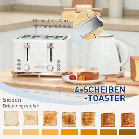 Rootz 2-in-1 Toaster and Kettle Set - Breakfast Appliance - Kitchen Essentials - 7 Browning Levels -White - Kettle: 24.1L x 19.5B x 23.2H cm - Toaster: 29.2L x 27.9H cm