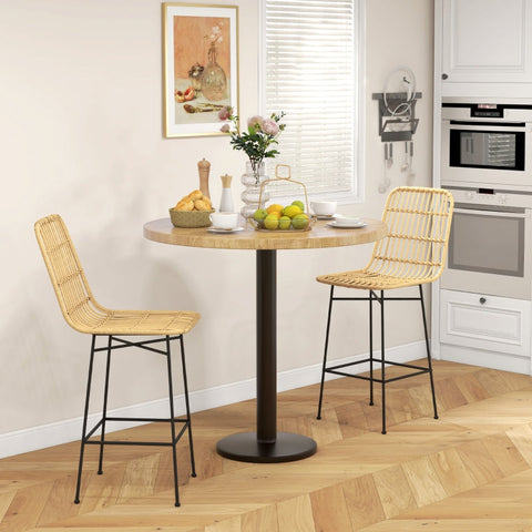 Rootz Set of 2 Boho Bar Stools - Counter Stools - Rattan Wicker Chairs - Breathable Comfort - Sturdy Steel Frame - 45 x 53.5 x 105 cm