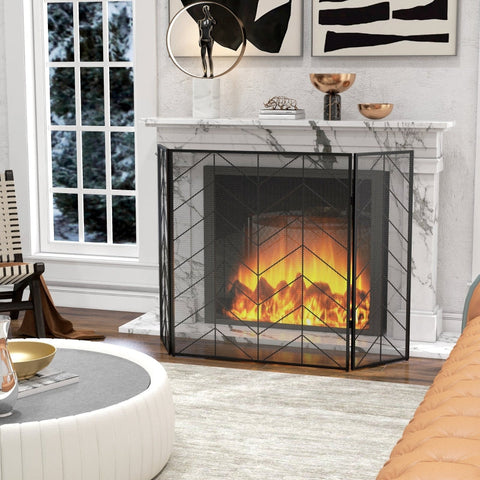Rootz Fireplace Protection Grille - Fire Guard - Spark Protection Grid - Herringbone Pattern - Folding Panels - Powder-Coated Steel - 135cm x 1.2cm x 85cm