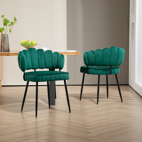Rootz 2 Piece Set Velvet Dining Chairs - Round Backrest - Upholstered Chairs - Emerald - 58L x 56W x 78H cm - Durable Metal Legs