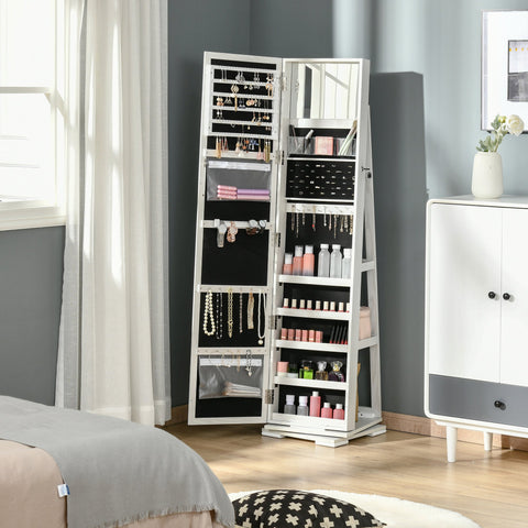 Rootz Lockable Rotating Jewelry Box with Mirror - Jewelry Cabinet - Organizer - MDF White - 360° Rotation - 38x38x160cm