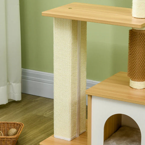 Rootz Scratching Post - Cat Tree - Cat Cave - 1 Cat Cave - 1 Lying Surface - Brown + White - 59.5 cm x 39.5 cm x 114 cm
