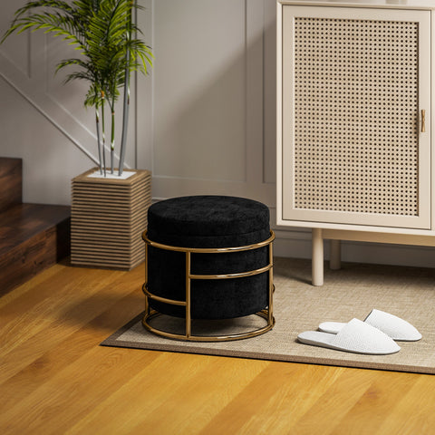 Rootz Sitting Stool with Storage - Foot Stool - Elegant Ottoman - Velvet Softness - Ø42 x 39h cm - Gold-Plated Frame - Black