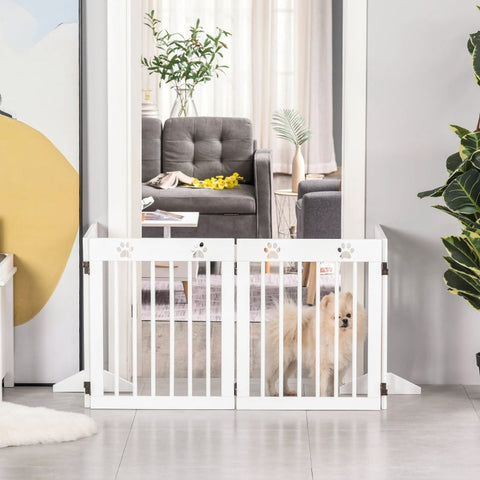 Rootz Pet Gate Barrier - Wooden Dog Guard - Folding Safety Gate - Sturdy Pinewood - Cute Paw Pattern - 204cm x 30cm x 61cm