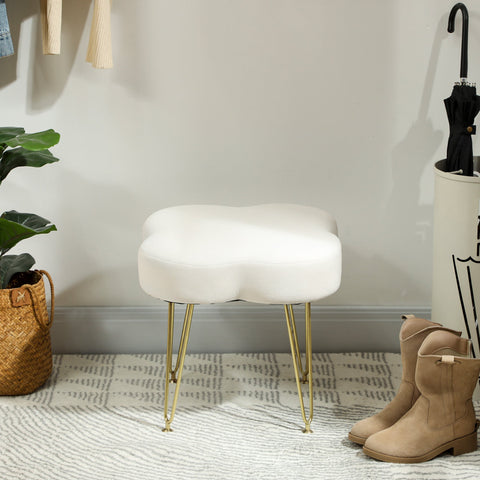 Rootz Upholstered Cloverleaf Shape Stool - Footstool, Ottoman - Velvet Comfort - Steel Legs - 41x41x40cm - White