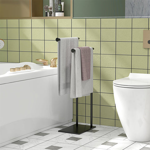 Rootz Steel Towel Rail - Double Bars - Space Saver - Stability with Weighted Base - 35.5L x 20W x 78H cm - Black