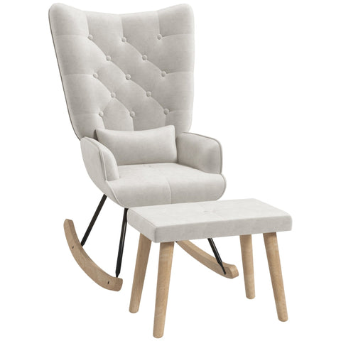 Rootz Lounge Chair with Stool - Rocking Chair - Upholstered Chair and Footstool - Velvet Padding - Rubber Wood Legs - Cream White - 66cm x 96cm x 101cm
