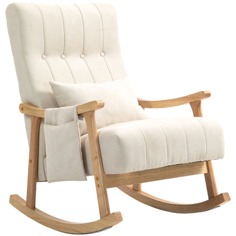 Rootz Rocking Chair - Nursing Chair - Relaxation Chair - Beige Linen Look - Wide Seat - Soft Padding - Beech Frame - 65cm x 90cm x 98cm