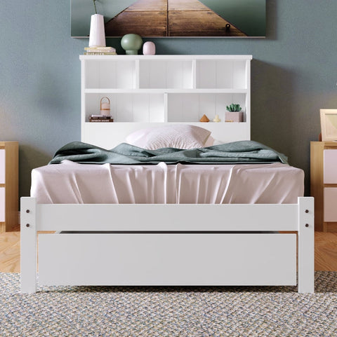 Rootz Solid Wood Single Bed - Storage Bed - Bookcase Headboard - Sturdy & Stylish - 219cm x 100cm x 93cm