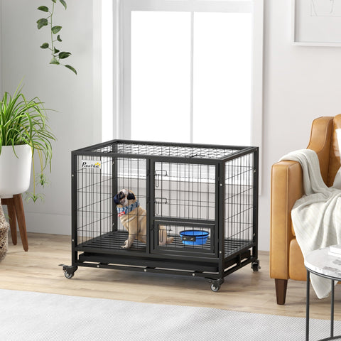 Rootz Dog Cage Transport Cage - Portable Kennel - Rolling Pet Crate - Removable Tray - 92cm x 62cm x 73cm