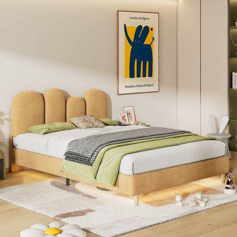 Rootz Upholstered Bed Frame - Velvet Platform Bed - LED Bed - Cozy Lighting - Fits 140x200 cm Mattress - 207x149x103 cm - Khaki
