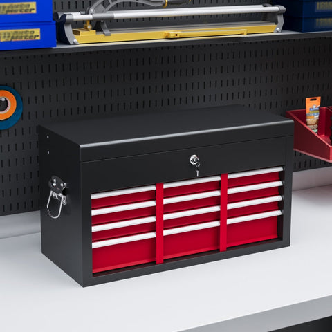 Rootz Tool Box - Lockable Storage - 3 Drawer Organizer - Durable Steel - Efficient Tool Management - 60cm x 26cm x 34cm - Red+Black
