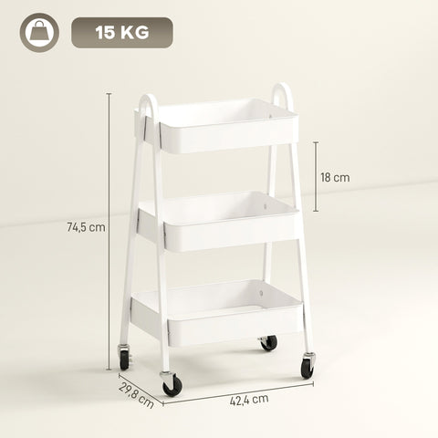 Rootz 3 Level Serving Cart - Kitchen Trolley - Rolling Storage - Smooth Movement - White - 29.8cm x 74.5cm