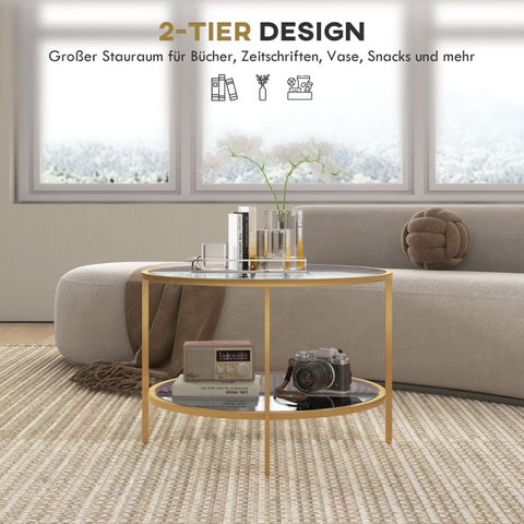 Rootz Side Table - Modern Bedside Table - Nightstand - Tempered Glass - Powder-Coated Steel - 60cm x 43cm - 2-Tier Shelf - Gold