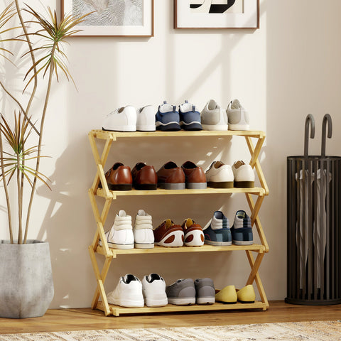 Rootz Bamboo Shoe Rack - 4-Tier Shoe Organizer - Storage Shelf - Entryway Stand - Holds 12 Pairs - No Assembly - 60 x 29 x 67 cm - Brown