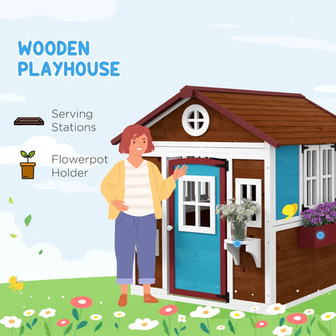Rootz Children's Playhouse - Wooden Playhouse - Weatherproof - Flower Boxes - Fir Wood - Brown+Blue+White+Red - 114L x 126.4W x 135H cm
