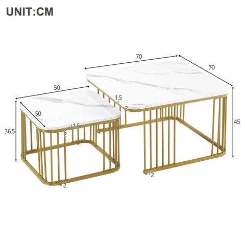 Rootz 2 Piece High Gloss Marble Look Coffee Tables - Nesting Tables - Modern Living Room Tables - Scratch Resistant - 70x70x45cm & 50x50x36.5cm