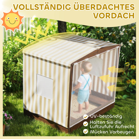 Rootz Sandpit with Canopy - Kids Play Sandbox - Childrens Play Sandpit - Benches & Storage - Protects from Sun & Mosquitoes - Brown - 142cm x 101.5cm x 131cm