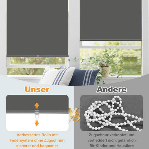 Rootz Thermal Roller Blind - Darkening Blinds - Cordless Sun Shades - UV Protection - 50x150cm - Grey - Easy Install - No Drilling Required