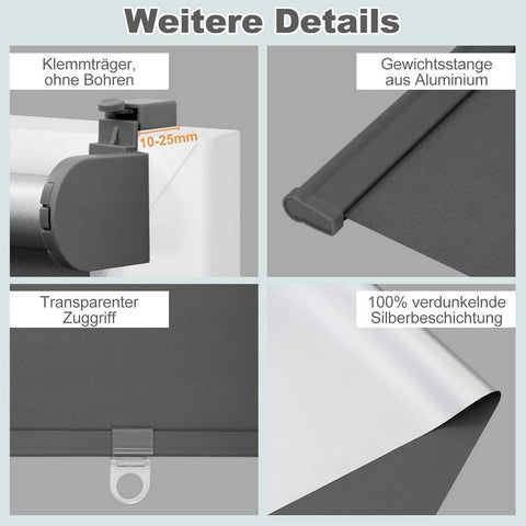 Rootz Thermorollo - Darkening Roller Shade - Sun Blocking Blind - Privacy Ensurer - Grey 60x150cm - Durable Polyester