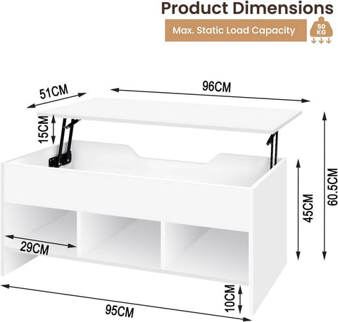 Rootz Multifunctional Lift Coffee Table - Convertible Table - Adjustable Desk - Space-Saving, Versatile, Durable - Class E1 Wood - 96cm x 45cm x 51cm (Closed); 96cm x 60.5cm x 72.5cm (Open)