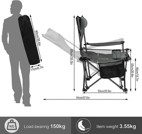 Rootz Ultimate Outdoor Folding Chair - Portable Chair - Adjustable Chair - Durable 600D Oxford Fabric - Lightweight & Compact - Adjustable Backrest - 58.5cm x 88.5cm x 83cm (Sitting), 101cm x 70cm x 83cm (Lying)