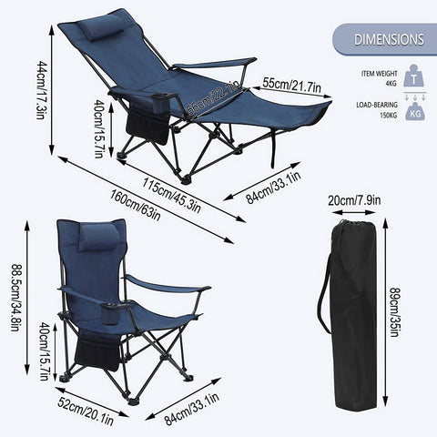 Rootz Ultimate Outdoor Folding Chair - Adjustable Fishing Chair - Portable Camping Seat - Adjustable, Lightweight, Durable - 115cm x 88.5cm x 84cm (sitting), 160cm x 44cm x 84cm (lying down) - Blue