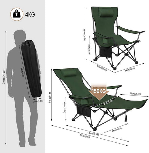 Rootz Ultimate Outdoor Folding Chair - Fishing Chair - Portable Lounge Chair - Versatile, Durable, Lightweight - 600D Oxford Fabric - 115cm x 88.5cm x 84cm (sitting), 160cm x 44cm x 84cm (lying down)
