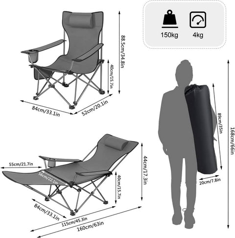 Rootz Ultimate Outdoor Folding Chair - Adjustable Chair - Portable Chair - Comfortable, Lightweight, Durable - 600D Oxford Fabric - 115cm x 88.5cm x 84cm (Sitting), 160cm x 44cm x 84cm (Lying Down)