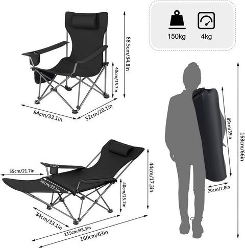 Rootz Ultimate Outdoor Folding Chair - Adjustable Deck Chair - Portable Fishing Chair - Versatile, Durable, Lightweight - 600D Oxford Fabric - 115cm x 88.5cm x 84cm (Sitting), 160cm x 44cm x 84cm (Lying Down)