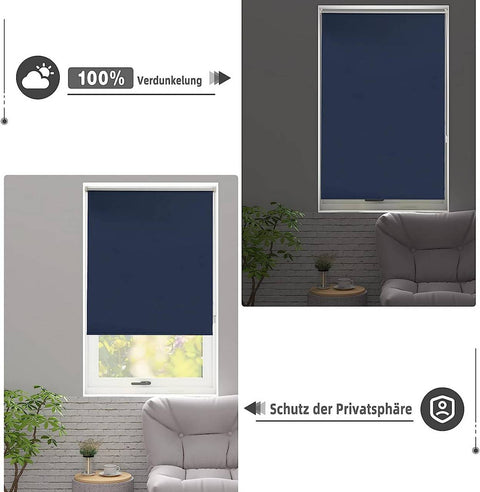 Rootz Darkening Roller Blind - Blue Clamp-Fix Shade - Thermal Window Cover - Energy Efficient - 80cm x 160cm