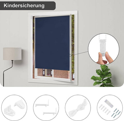 Rootz Darkening Roller Blind - Blue Clamp-Fix Shade - Thermal Window Cover - Energy Efficient - 80cm x 160cm