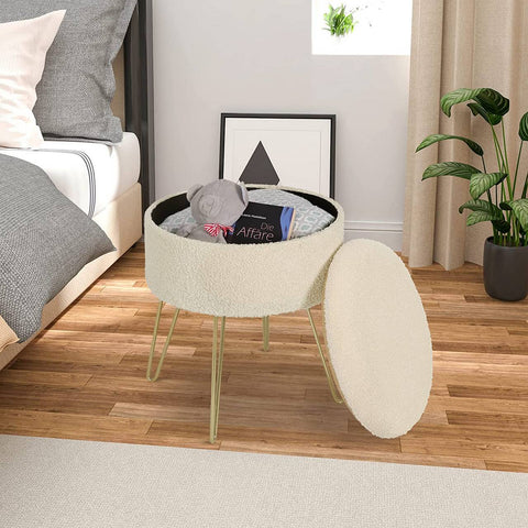 Rootz multifunctionele kruk - opbergpoef - converteerbare bijzettafel - comfortabele zitplaats - verborgen opbergruimte - veelzijdig dienbladblad - teddyfleece, MDF, metalen poten - 39 cm x 44 cm