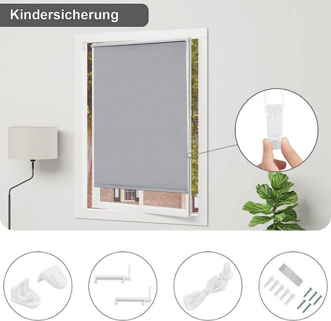 Rootz Grey Blind Thermal Roller - Dignification Blind - Darkening Roller - Sun Protection - 70x160cm - Heat Insulation - No Drill Klemmfix