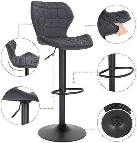 Rootz Velvet Swivel Bar Stool - Adjustable Counter Chair - Rotating Seat - Plush Comfort - Sturdy Metal Base - Height 60-82cm - 48cm x 38cm