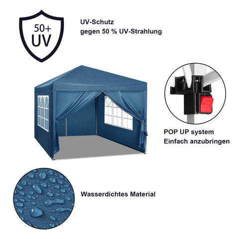 Rootz Gazebo Pop-Up Tent - Waterdichte Pagode - Zonnescherm - UV-bescherming - Regenbestendig - Gemakkelijk op te zetten - 3m x 3m Blauw